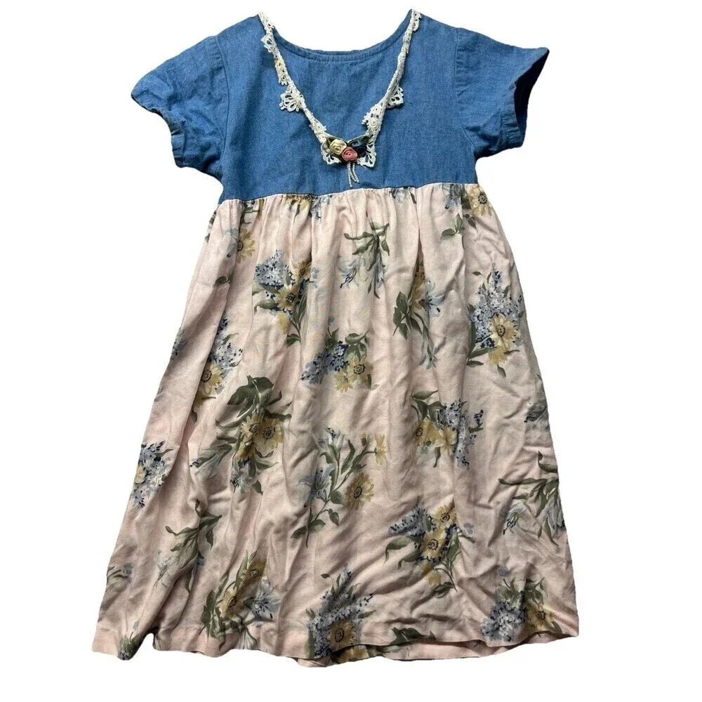 Vtg Moments by Jo Lene Girls Black Floral Dress Lace Floral Denim accents 6X USA
